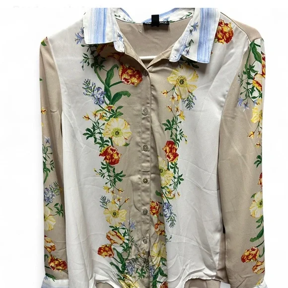 Sara Michelle Beige and White with Floral Print Blouse Fall top 90s Y2K top nwt - Picture 1 of 9